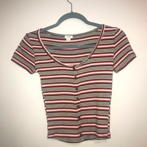 Red white and black striped button shirt